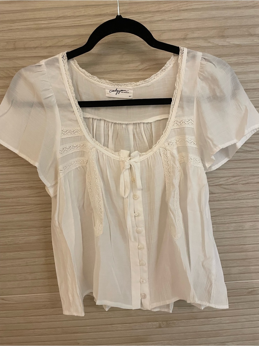 Carly Jean Los Angeles Cream Lace-Trim Button Front Blouse